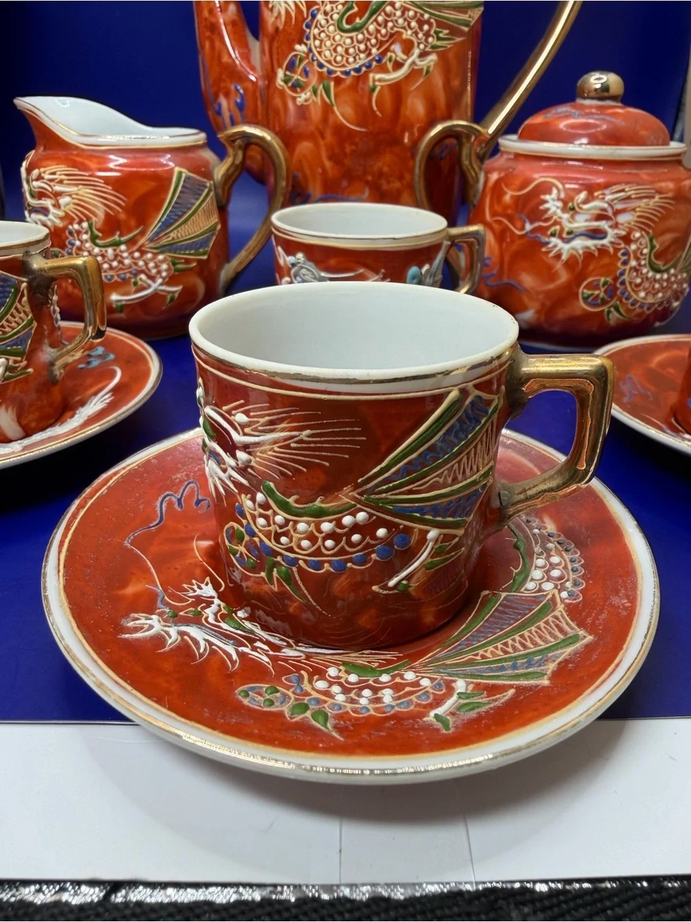 Rust Red Dragonware Porcelain Tea Set with Gold Accents - Vintage
